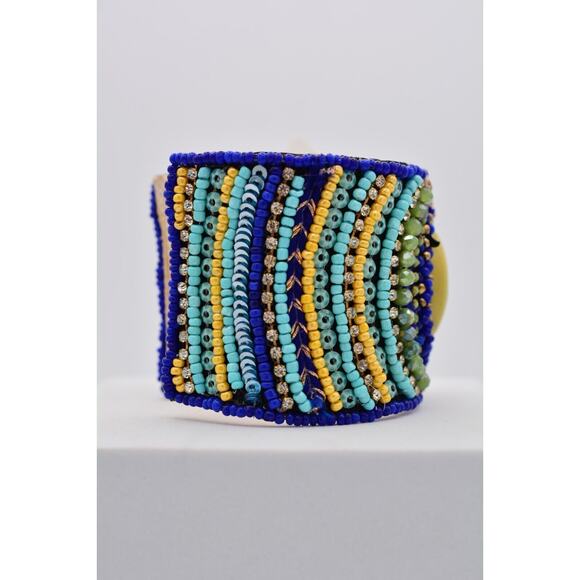 Beaded Cuff Bangle Bracelet Rhinestone Crystal Royal Blue Yellow Gold Chunky - Picture 9 of 12